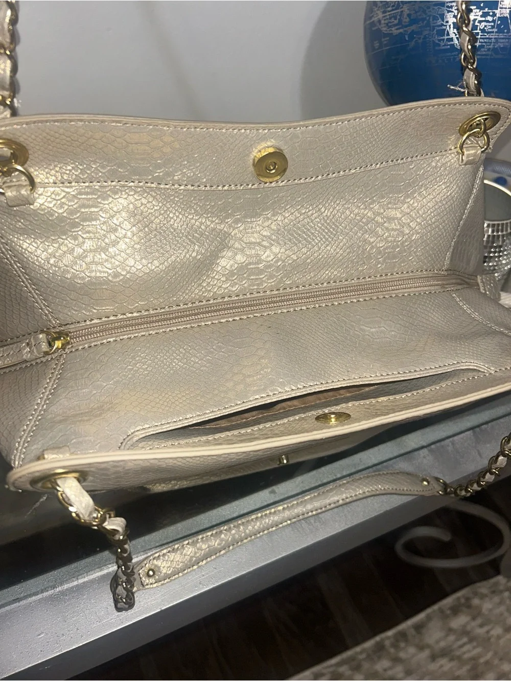 Nine West Metallic Champagne Snake-Embossed Shoulder Bag with Gold Hardware